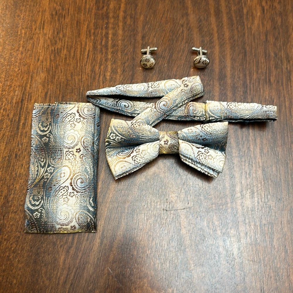 bow tie pocket square cuff link combo
